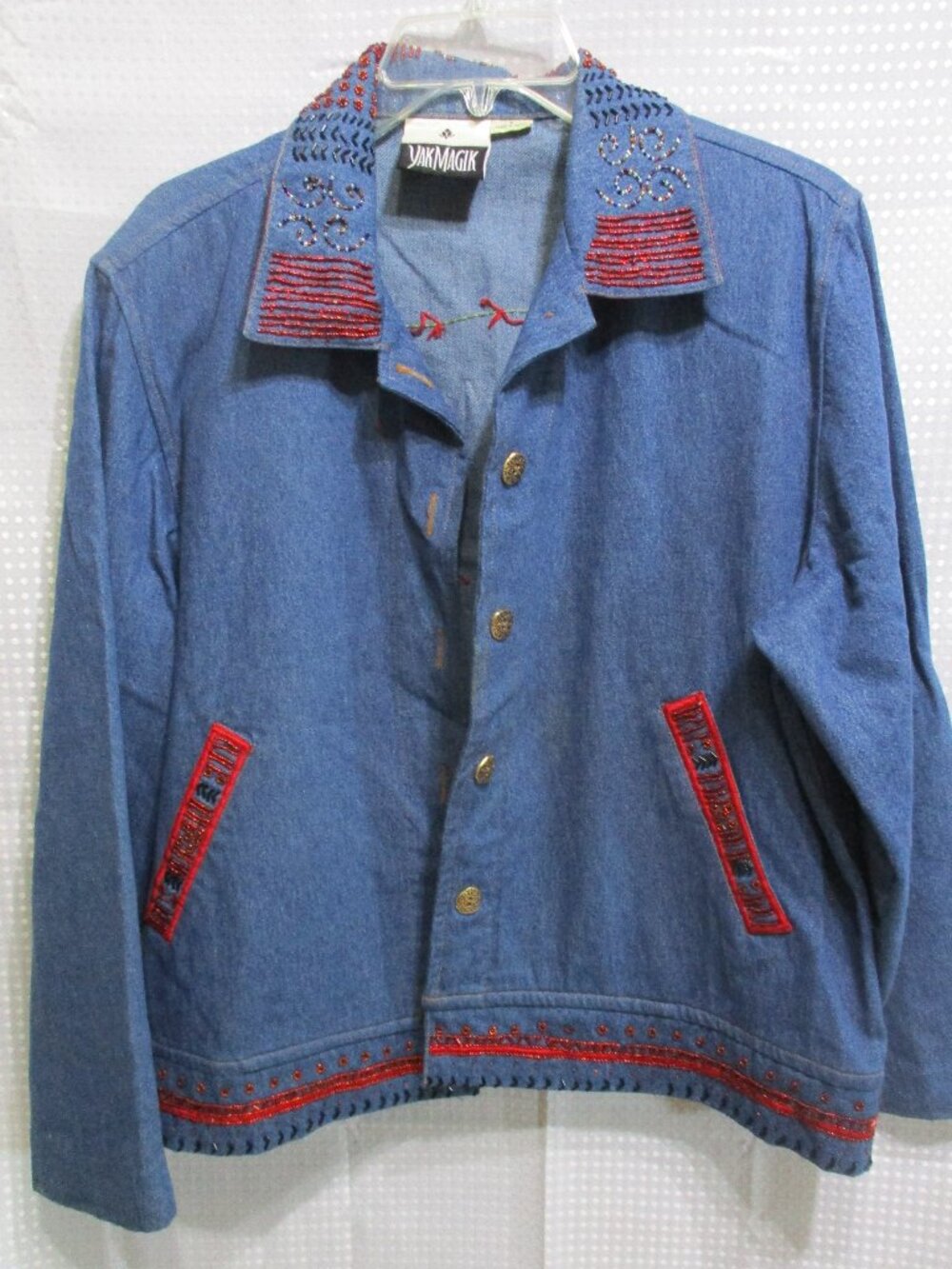 1990's Lightweight Yak Magik Beaded Denim Jacket with Appliqued Fabric Elephants